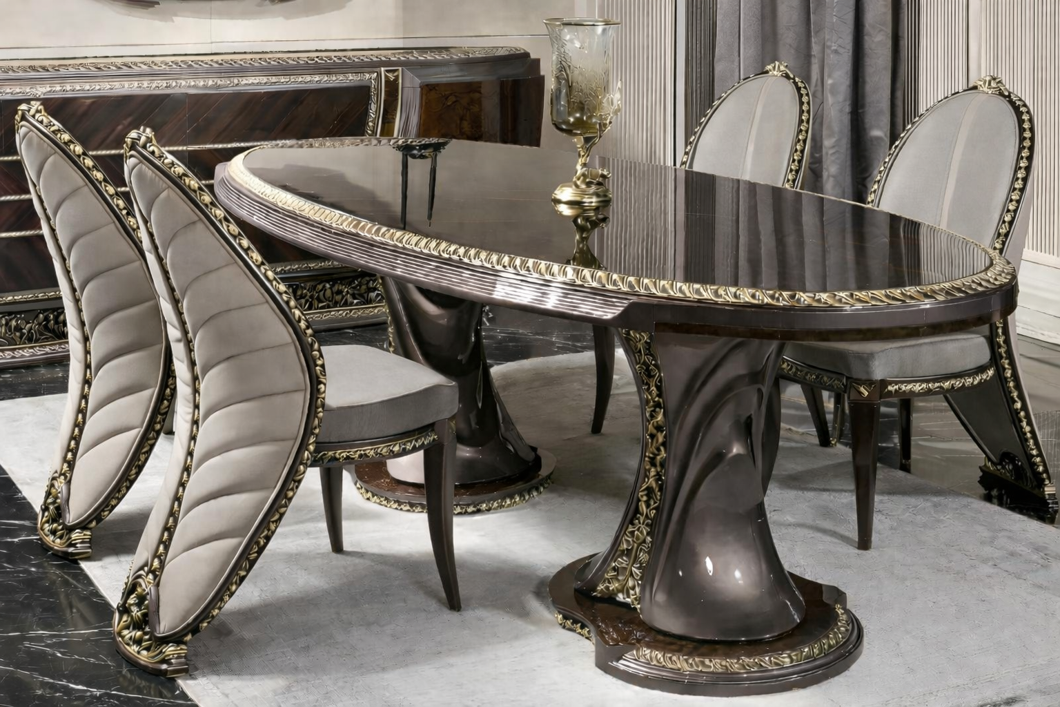 Designer Graues Esszimmer-Set Robuster Esstisch 4x Edle Sitzstühle