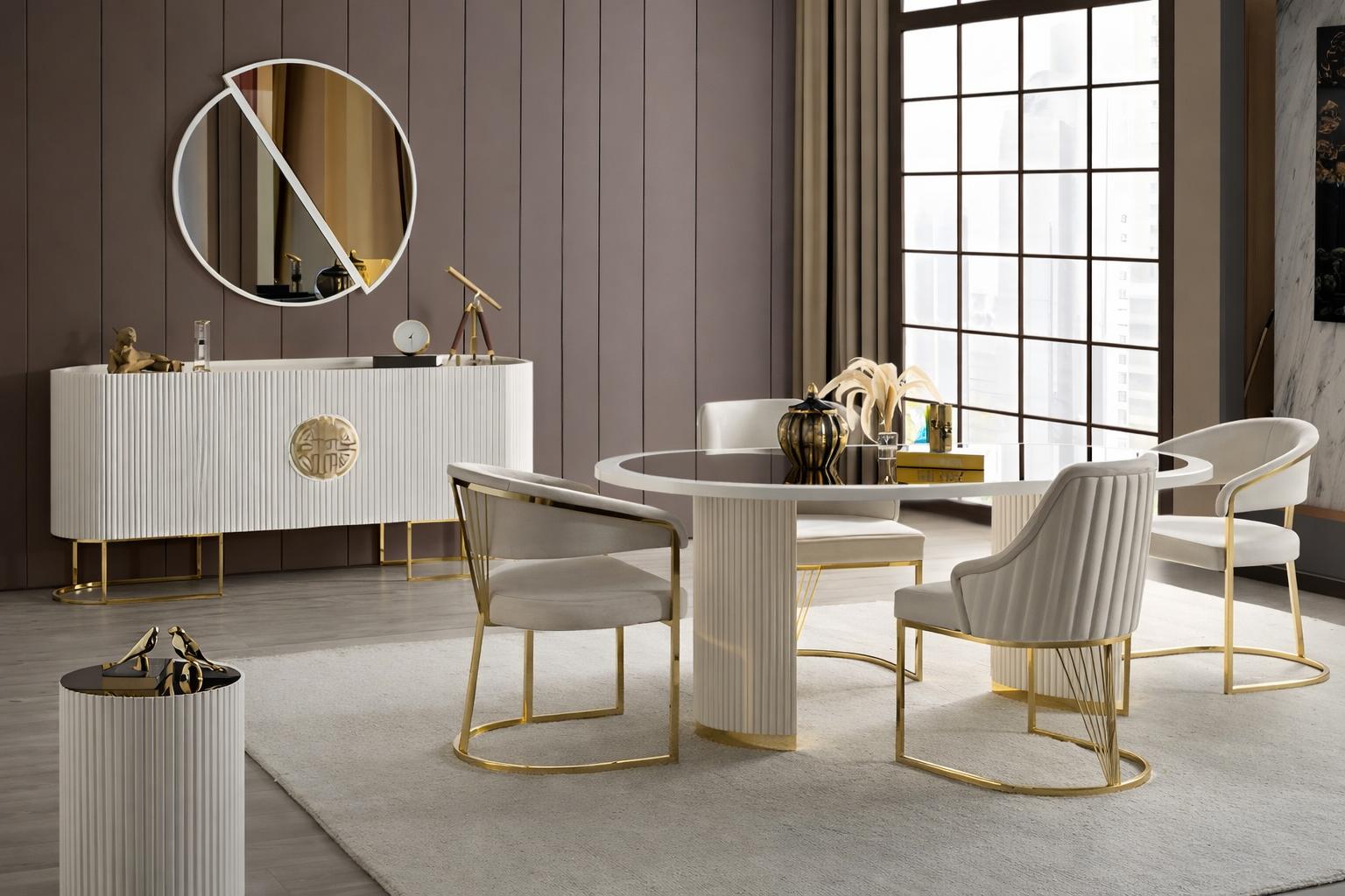 Elegantes Set mit ovalem Esstisch Stühlen Sideboard Spiegel und Tisch