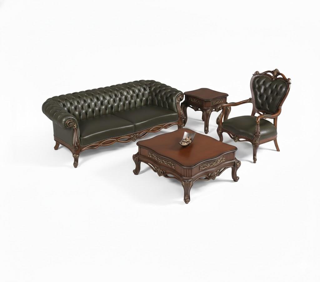 Klassisches Chesterfield Wohnzimmer Exklusives Sofa Ledersessel Tisch