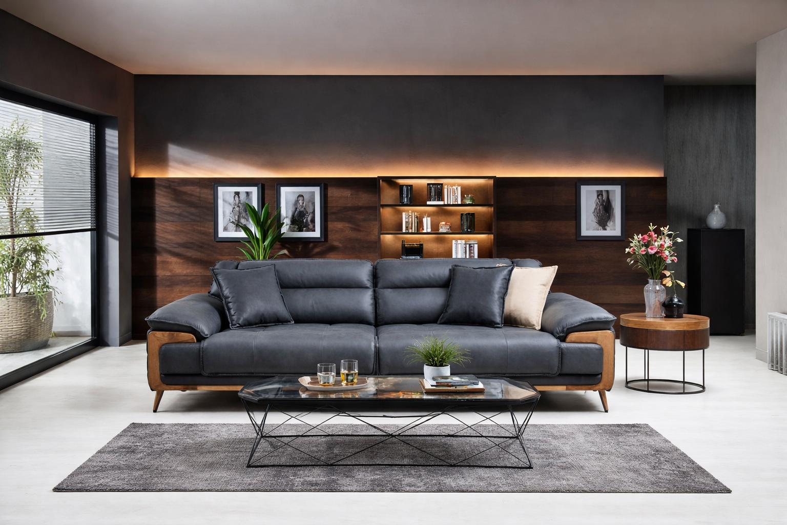 Designer Schwarze Ledercouch Modernes Wohnzimmer Relaxsofa