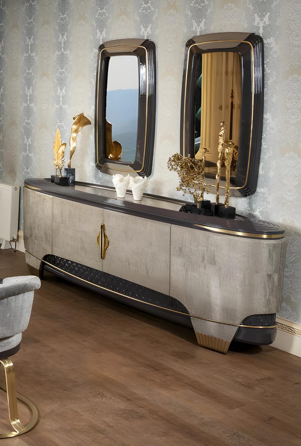 Luxuriöses Beiges Sideboard Wohnzimmer Kommodenschrank 2x Spiegel