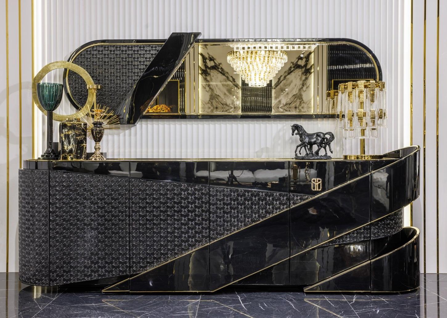 Exklusives Schwarzes Sideboard Designer Spiegel Luxus Holzmöbel