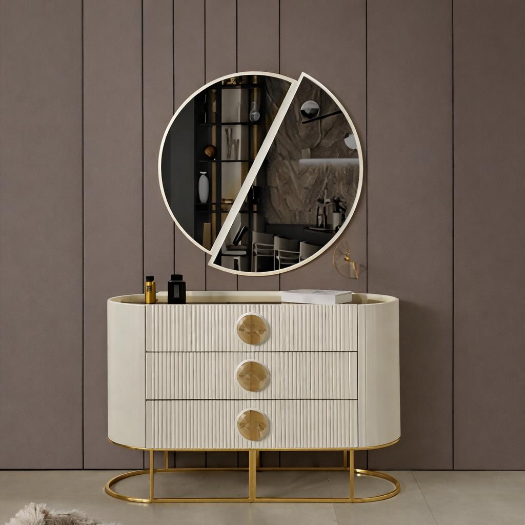 Elegantes Set aus ovalem Kommodenmöbel und geteilter Spiegelwand