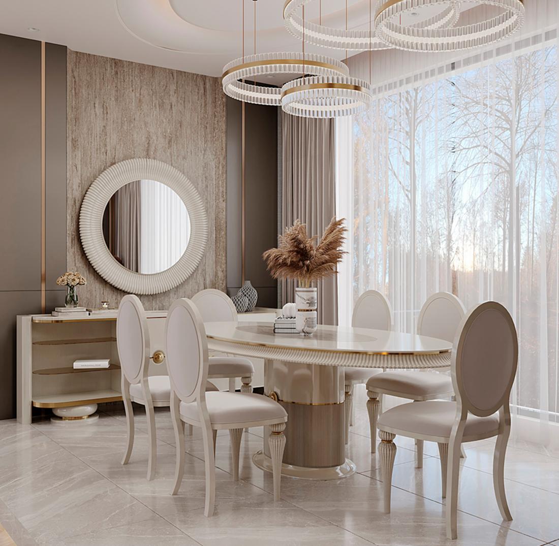 Exklusive Essgruppe Creme Tisch Stühle Sideboard Rundspiegel