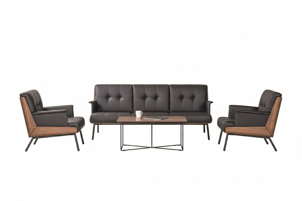 Designer Ledergarnitur Edler 3-Sitzer 2x Sessel Holz Couchtisch