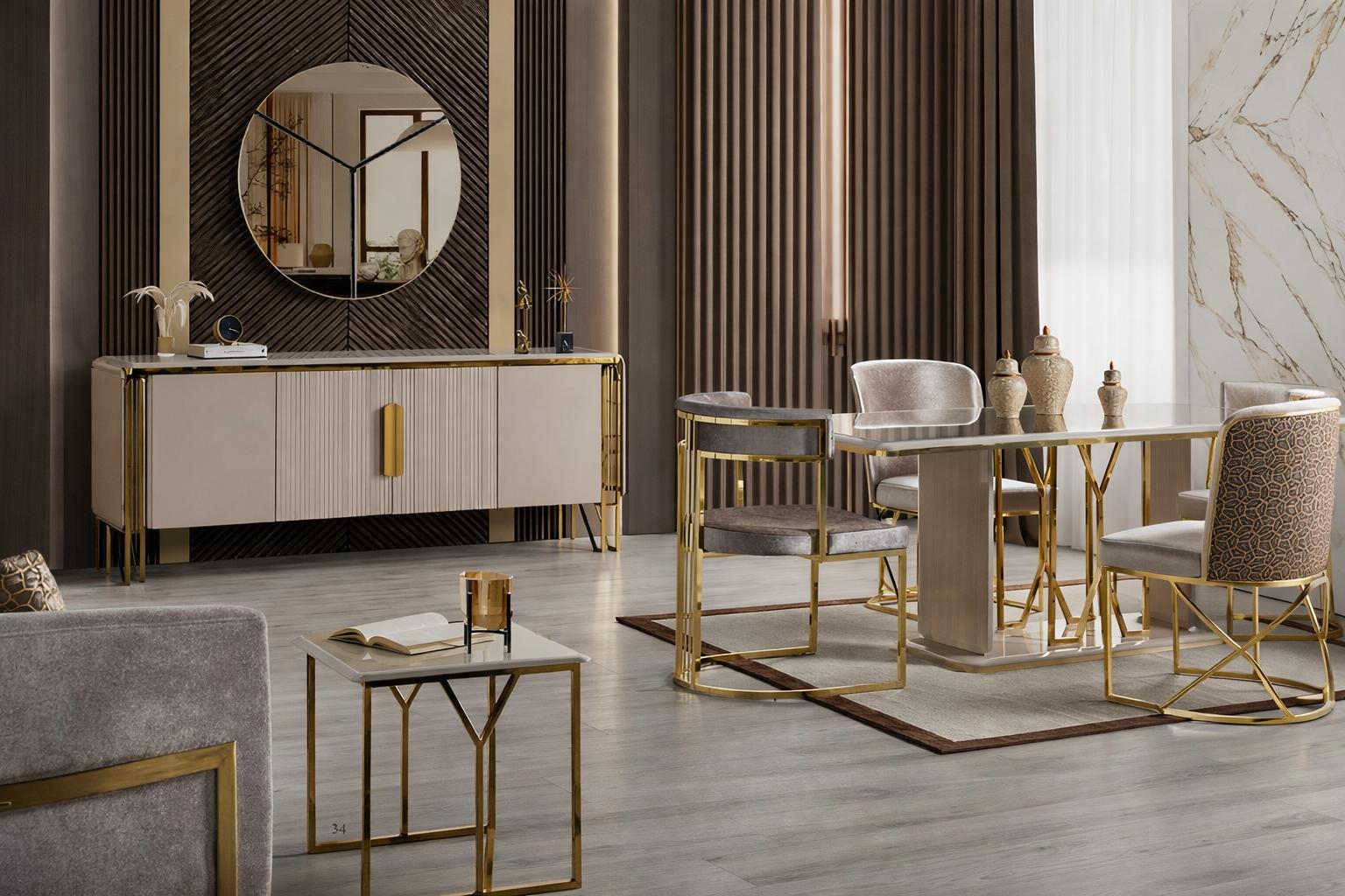 Elegantes Möbelset: Esstisch, 4 Stühle, Konsole, Spiegel, Tisch