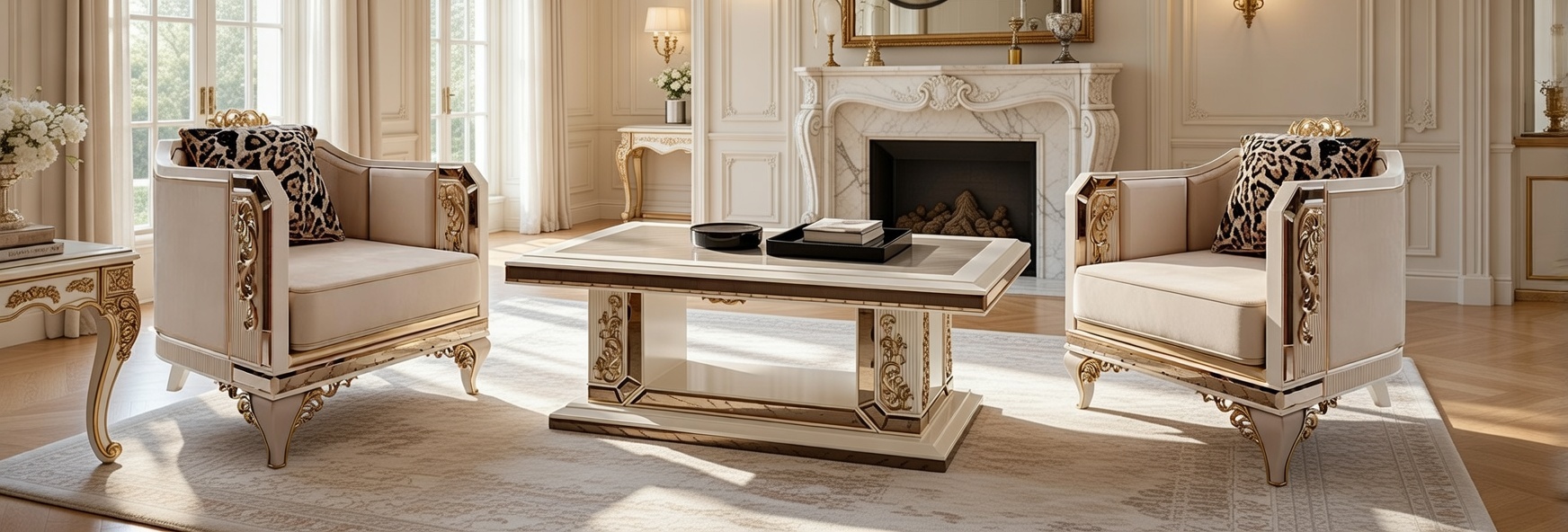 Edles Sessel Set mit goldenen Details und elegantem Couchtisch