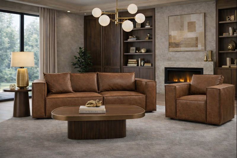 Braune Wohnzimmer Ledergarnitur Schickes 3-Sitzer Sofa Ledersessel