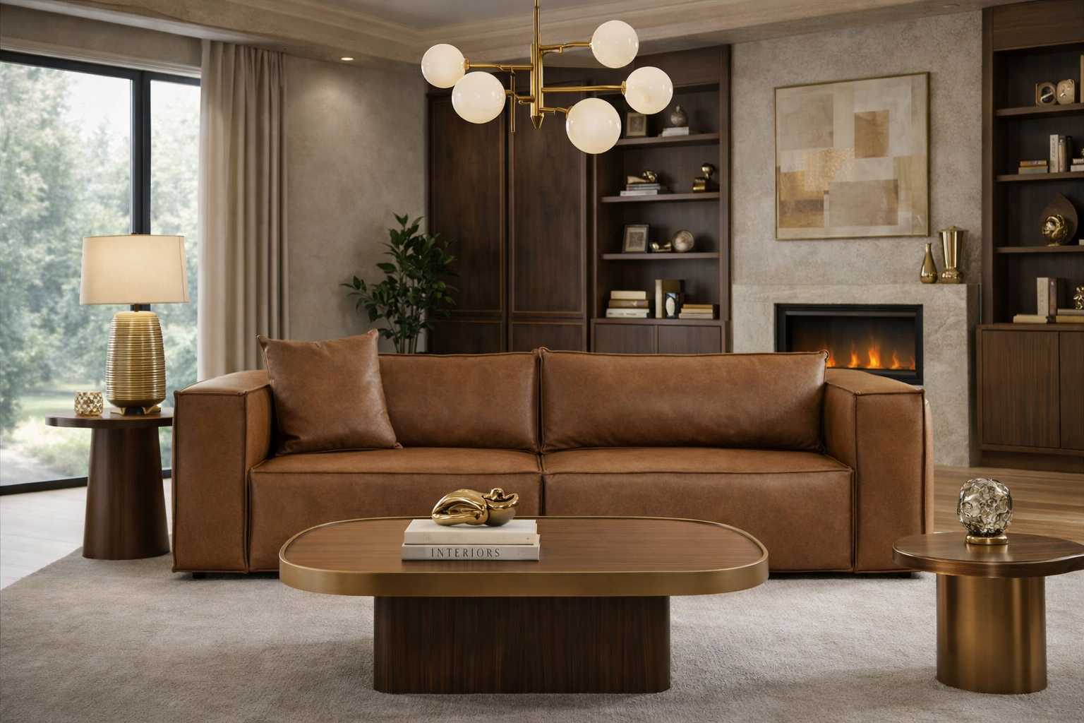 Designer Braunes Ledersofa Wohnzimmer Ledercouch Edles Holzgestell