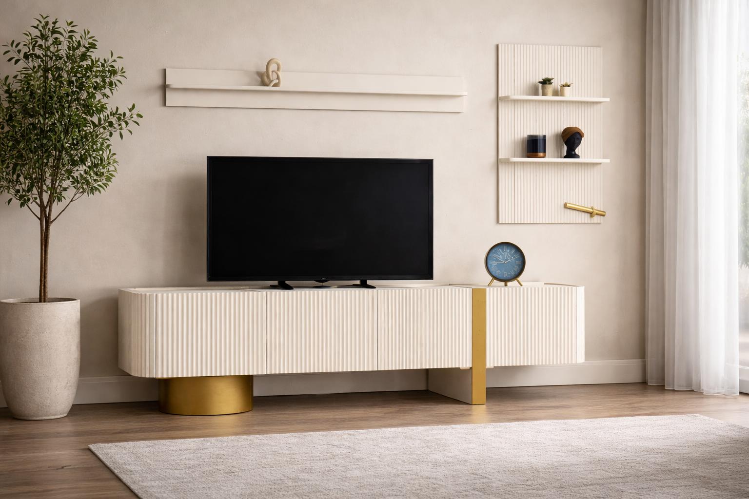 Moderne Möbelkombination aus TV-Lowboard Wandregal und Regalmodul