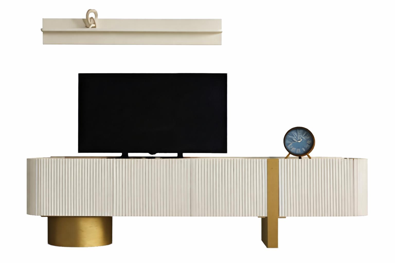 Modernes Set: TV-Lowboard und Regalmodul in Weiß mit Goldakzenten