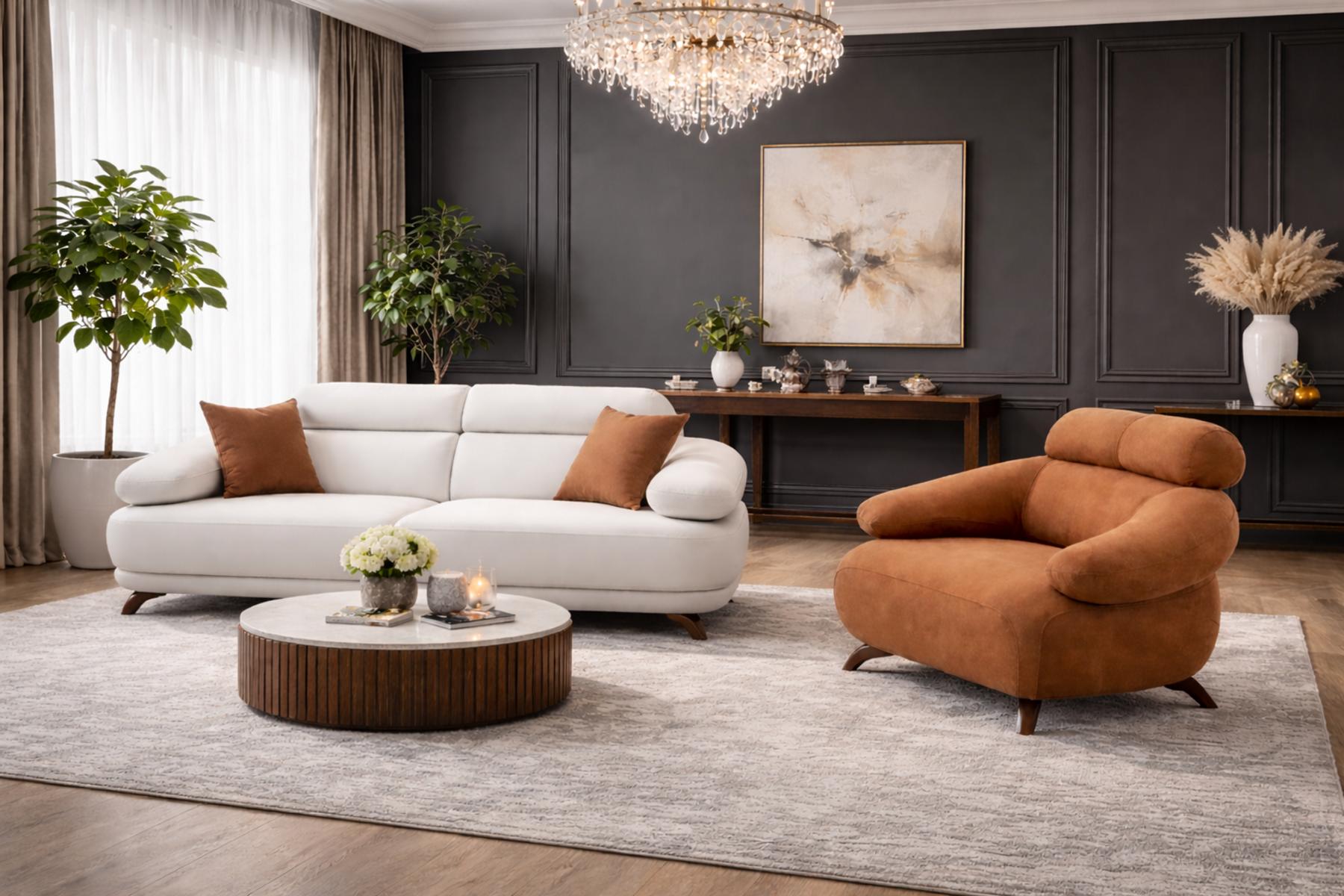 Braun-Weiße Sofagarnitur Stilvoller 3-Sitzer Polstersessel 2tlg