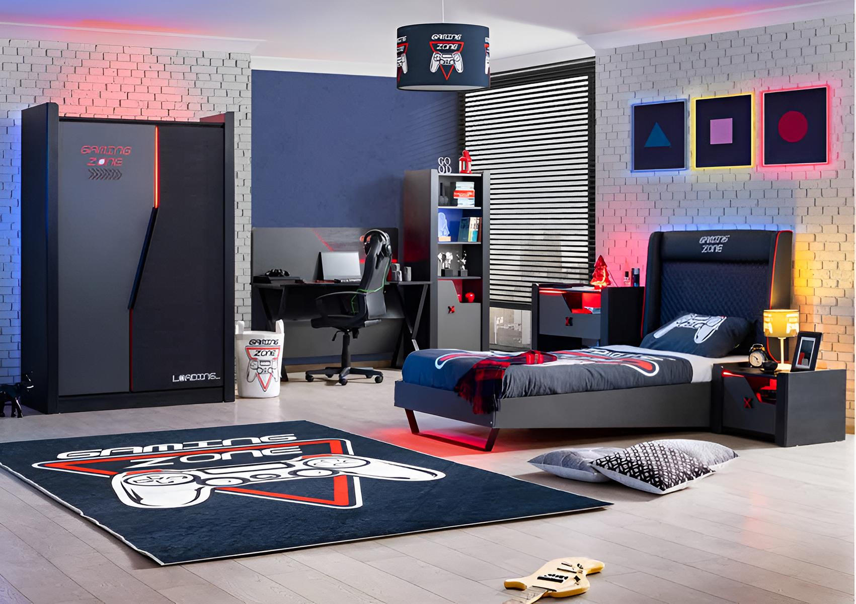 Kinderzimmer Möbel Set Gaming Design Bett Schreibtisch Nachttisch