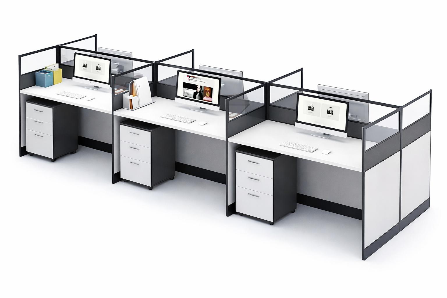 Modularer Büroarbeitsplatz TrioDesk mit Trennwänden und Stauraum