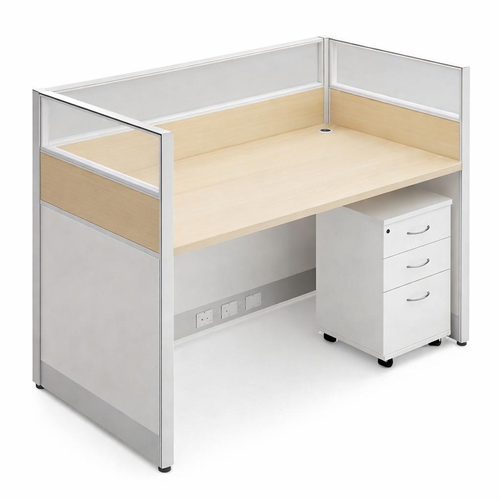 Büroarbeitsplatz mit Sichtschutzwand und Rollcontainer 3 Schubladen
