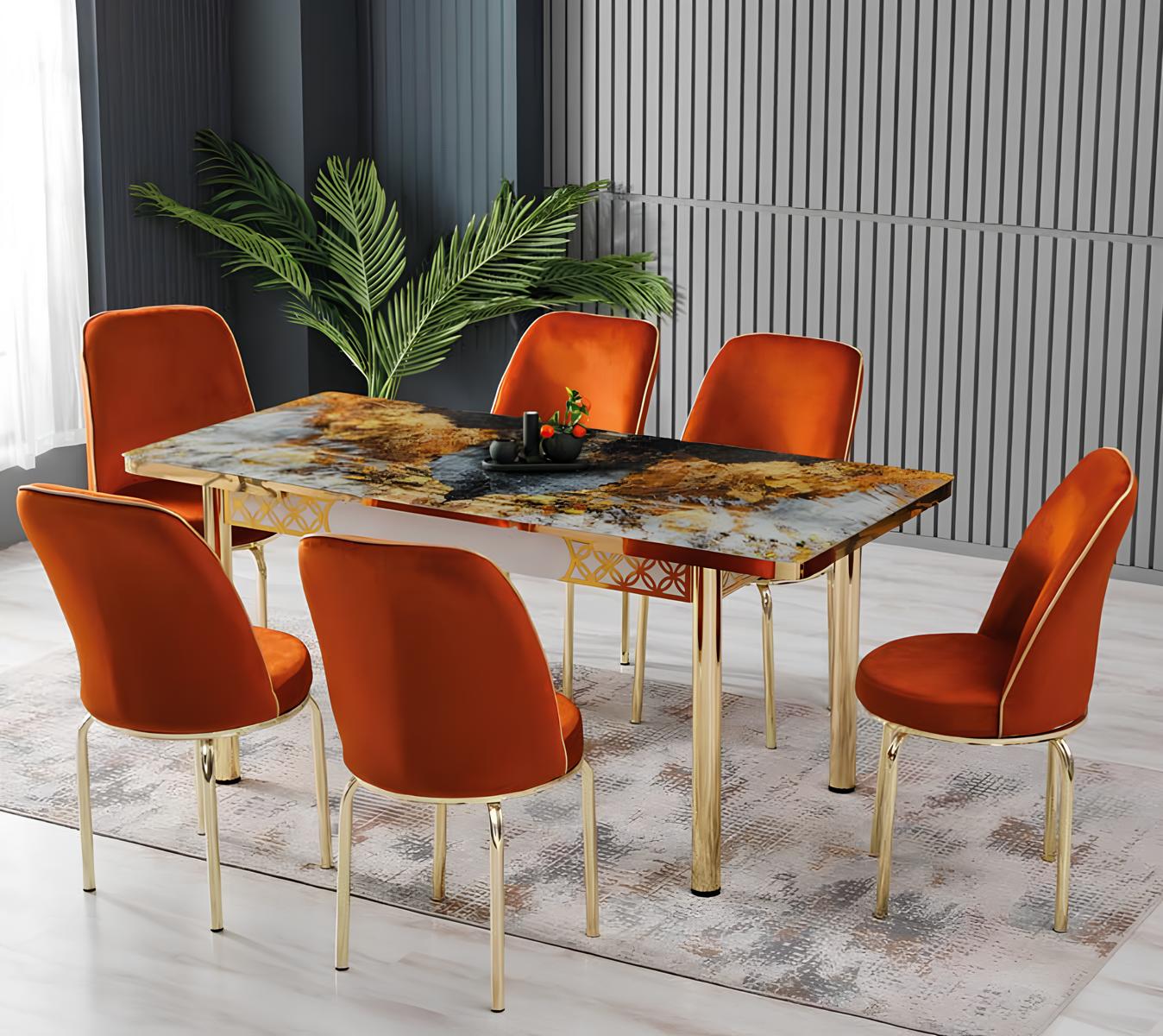 Esszimmer Essgruppen Esstisch Stühle Mehrfarbig Orange Rechteckig