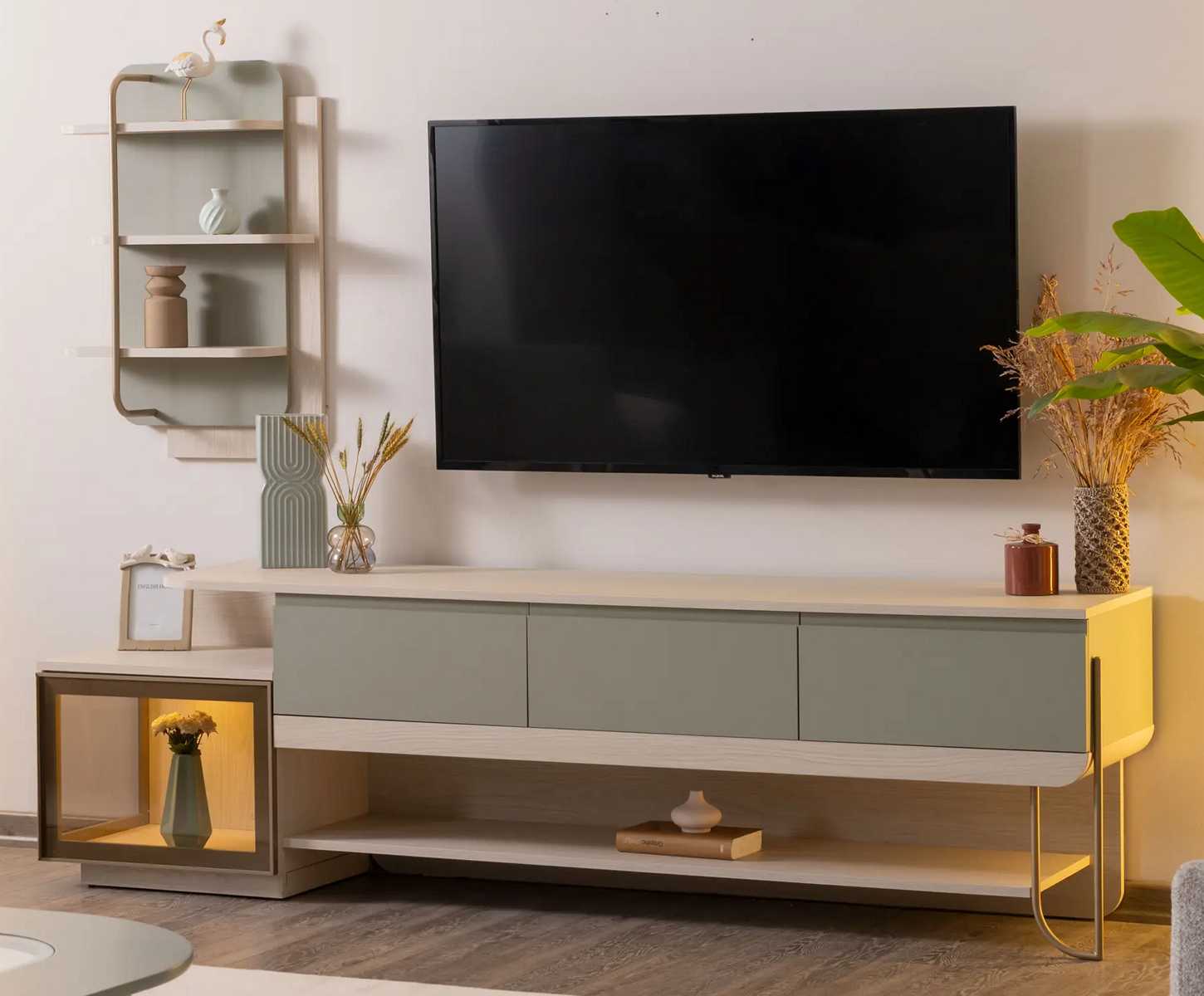 Tv-Schrank Regal Stil modern Farbe weiß hellgrün Holz neu Kuchenset
