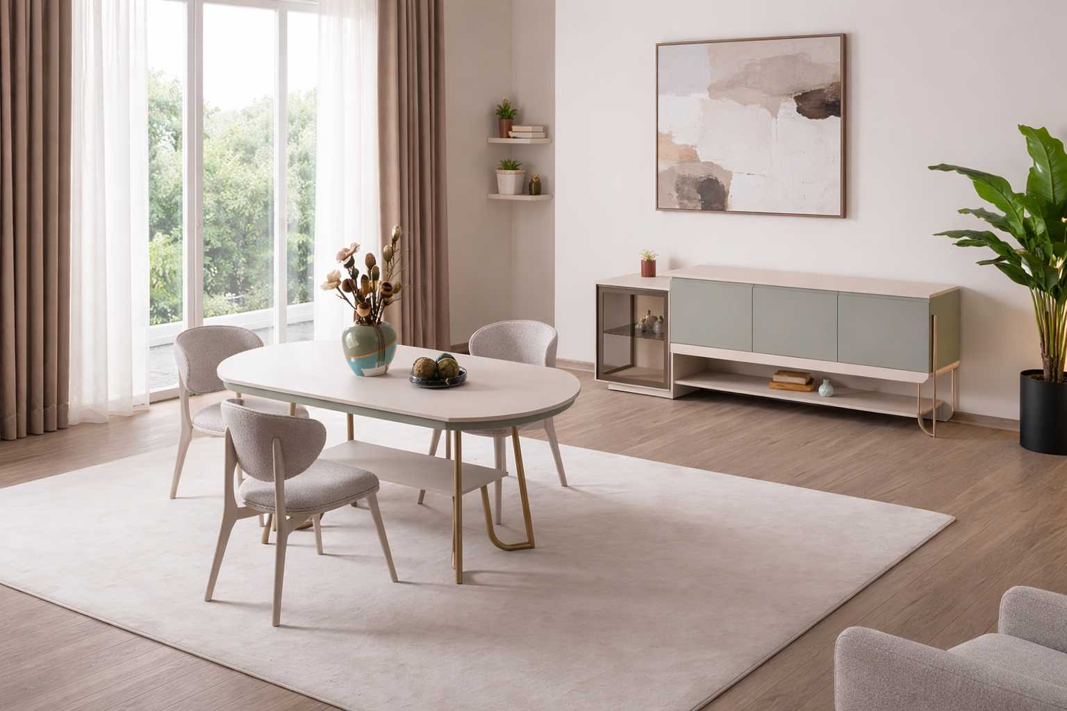 Esstisch Stühle Sideboard Stil, modern Farbe beige Holz Metall Küche neu