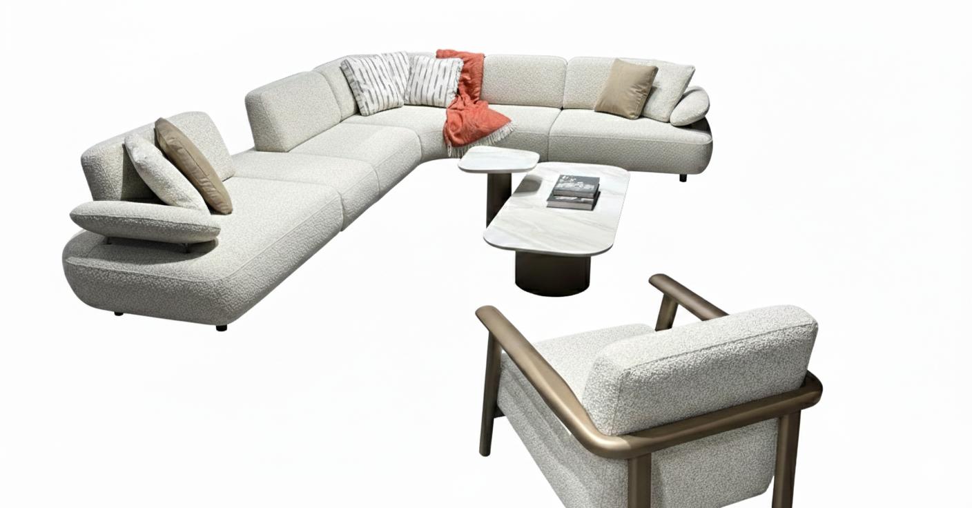 Wohnzimmer Set Modernes Design Beigefarben Holzrahmen Stoffbezug