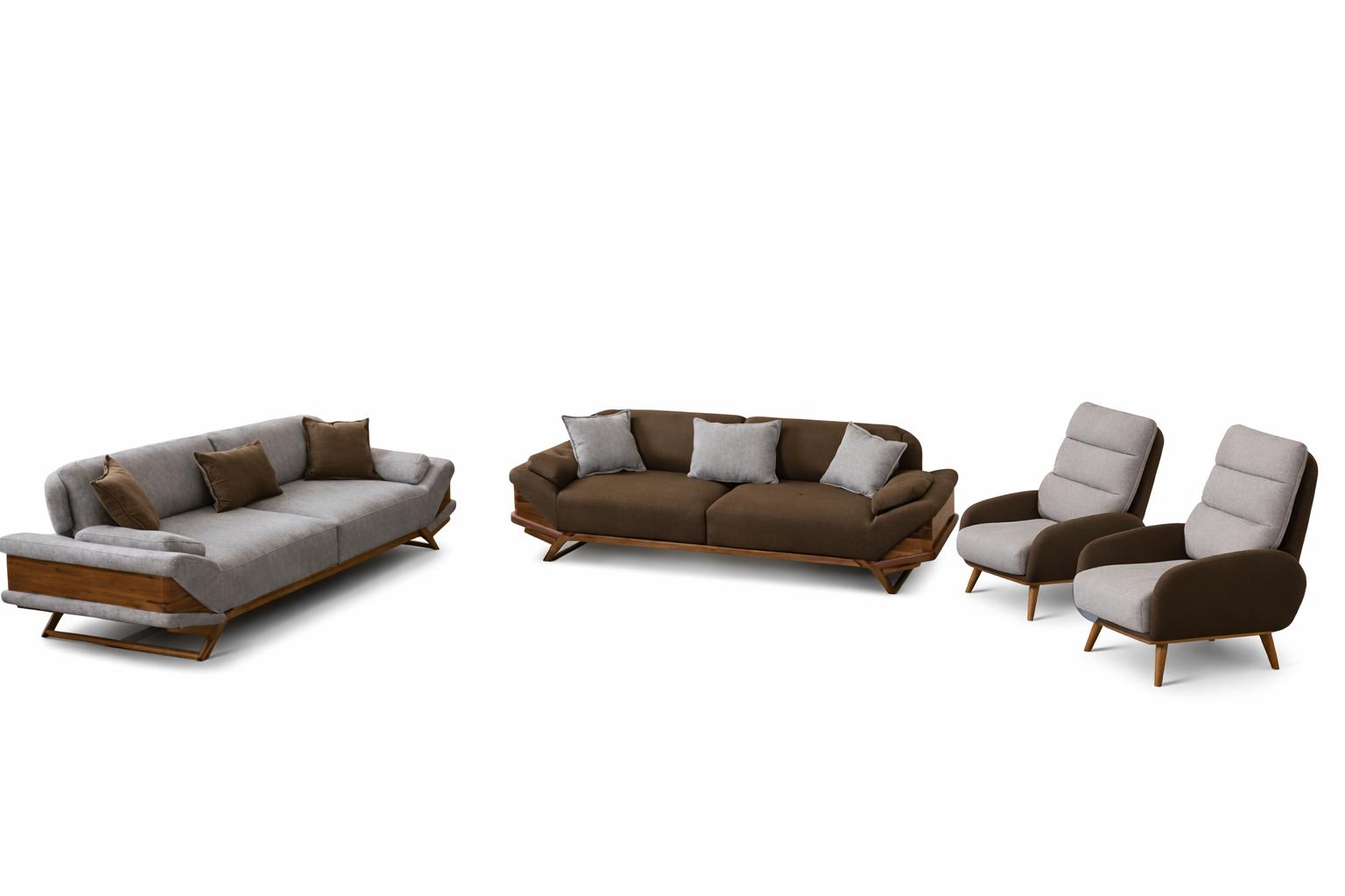 Wohnzimmer Set Modern Braun Grau Designer-Set Komfortabel Stoff Holz