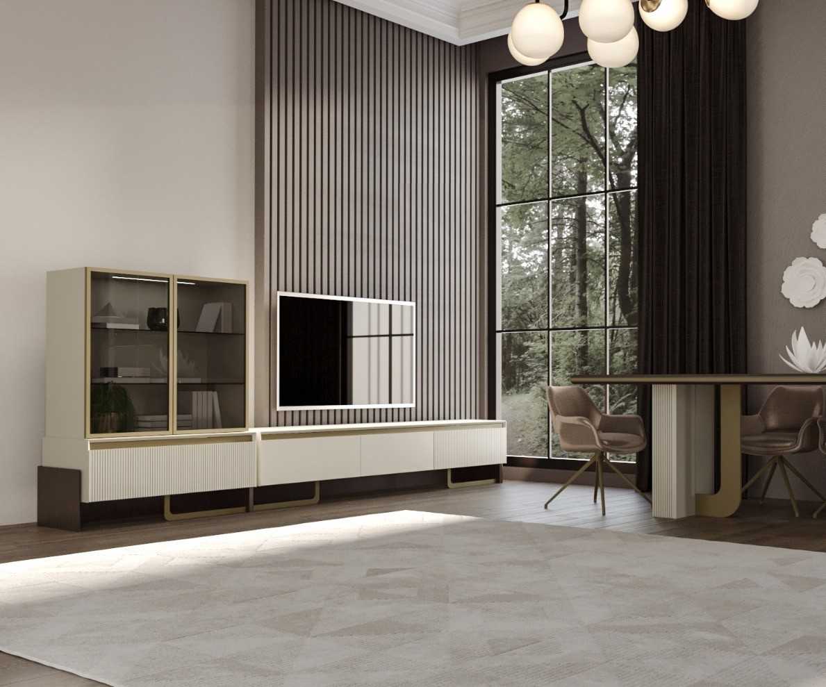 Modernes Wohnzimmer-Set: TV-Einheit und Vitrine mit goldenen Akzenten