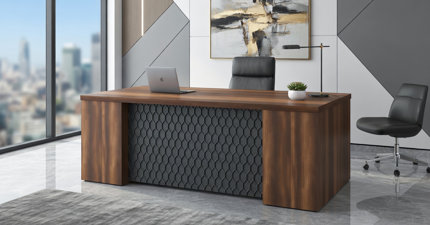 Moderner Schreibtisch mit dekorativer Front aus Holz und Metall