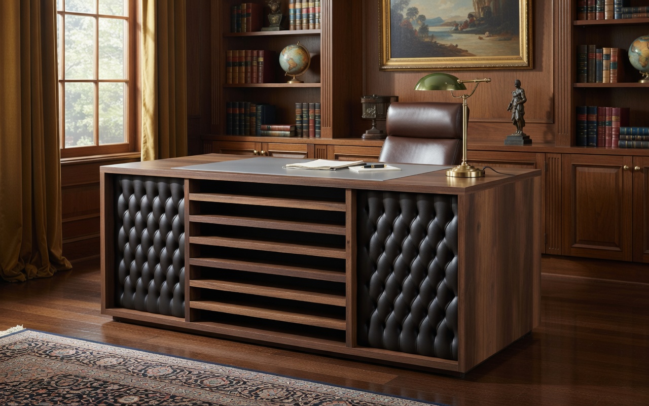 Modernes Büro Schreibtisch mit Lederfront und Holzregalen