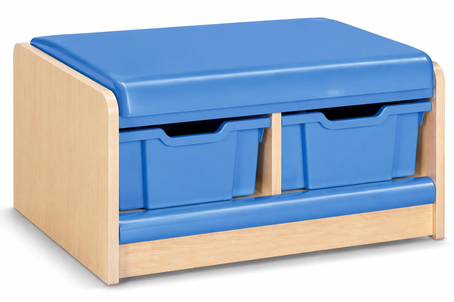 Multifunktionale Aufbewahrungsbank für Kinderzimmer mit blauen Boxen