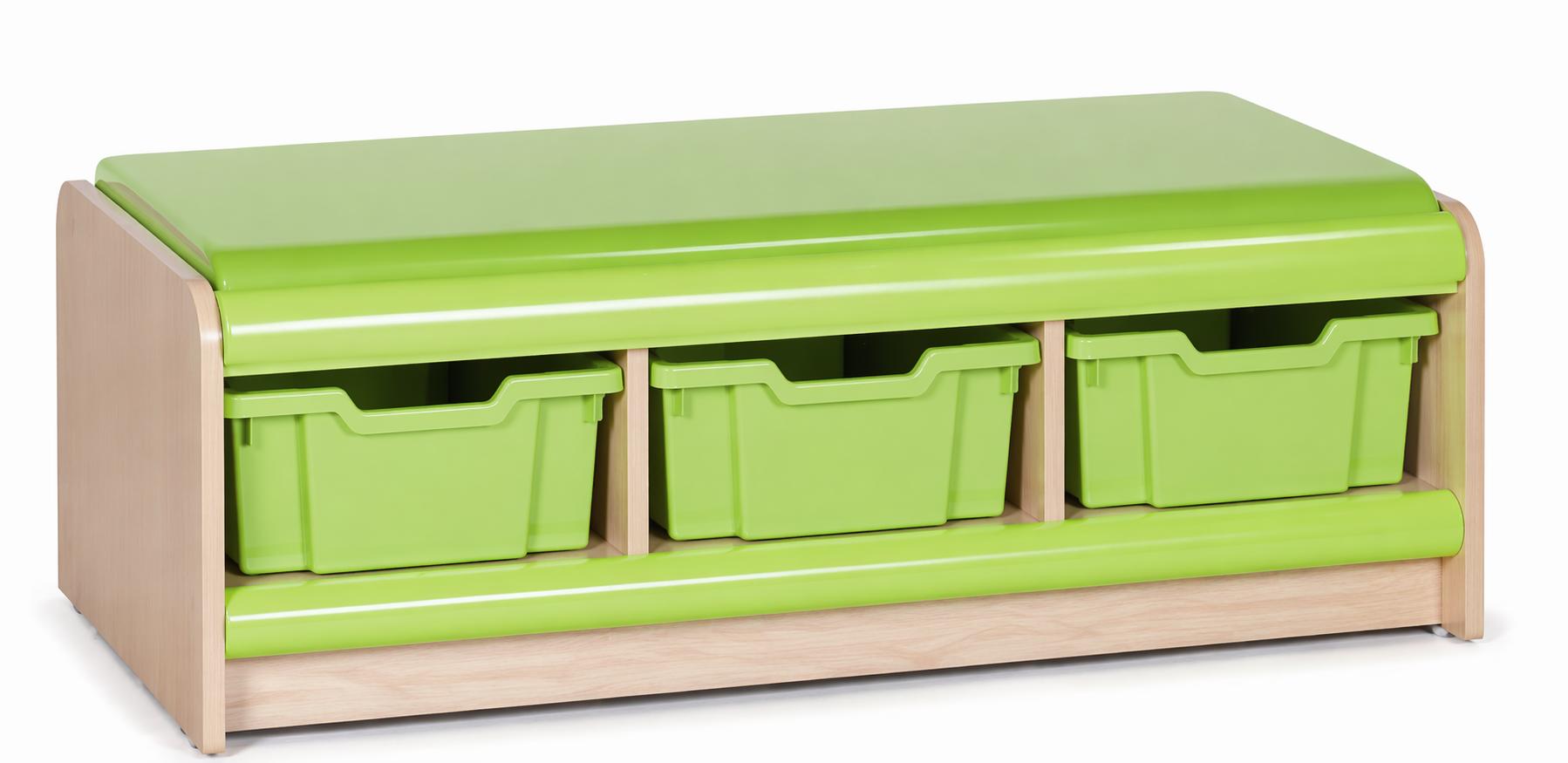 Praktische Aufbewahrungsbank mit grünen Boxen für Kinderzimmer