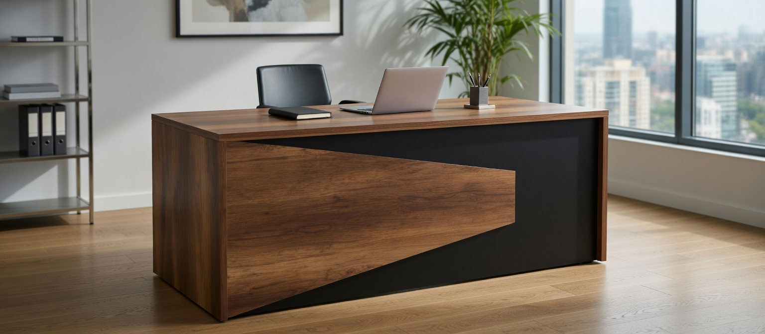Schreibtisch modern aus Holz mit kontrastreichem Design