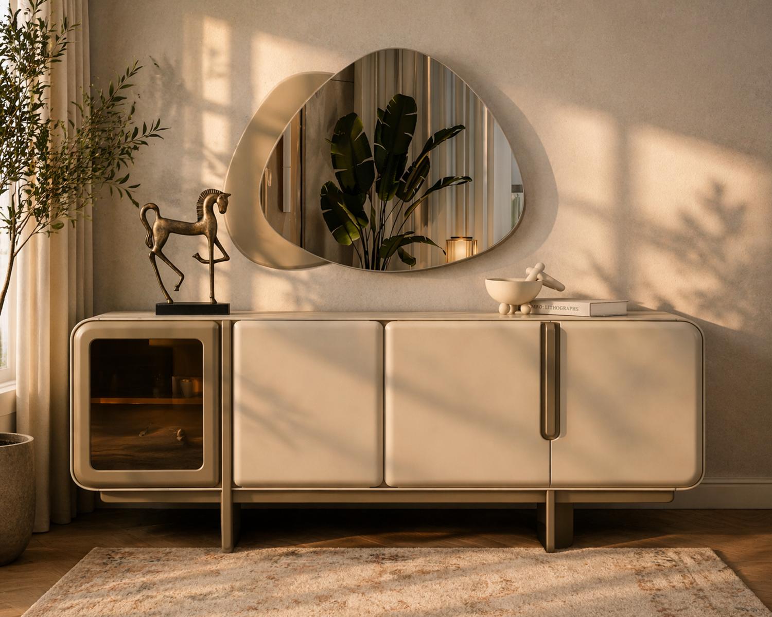 Beige Stilvolle Anrichte Luxuriöses Wohnzimmer Holz Sideboard Möbel