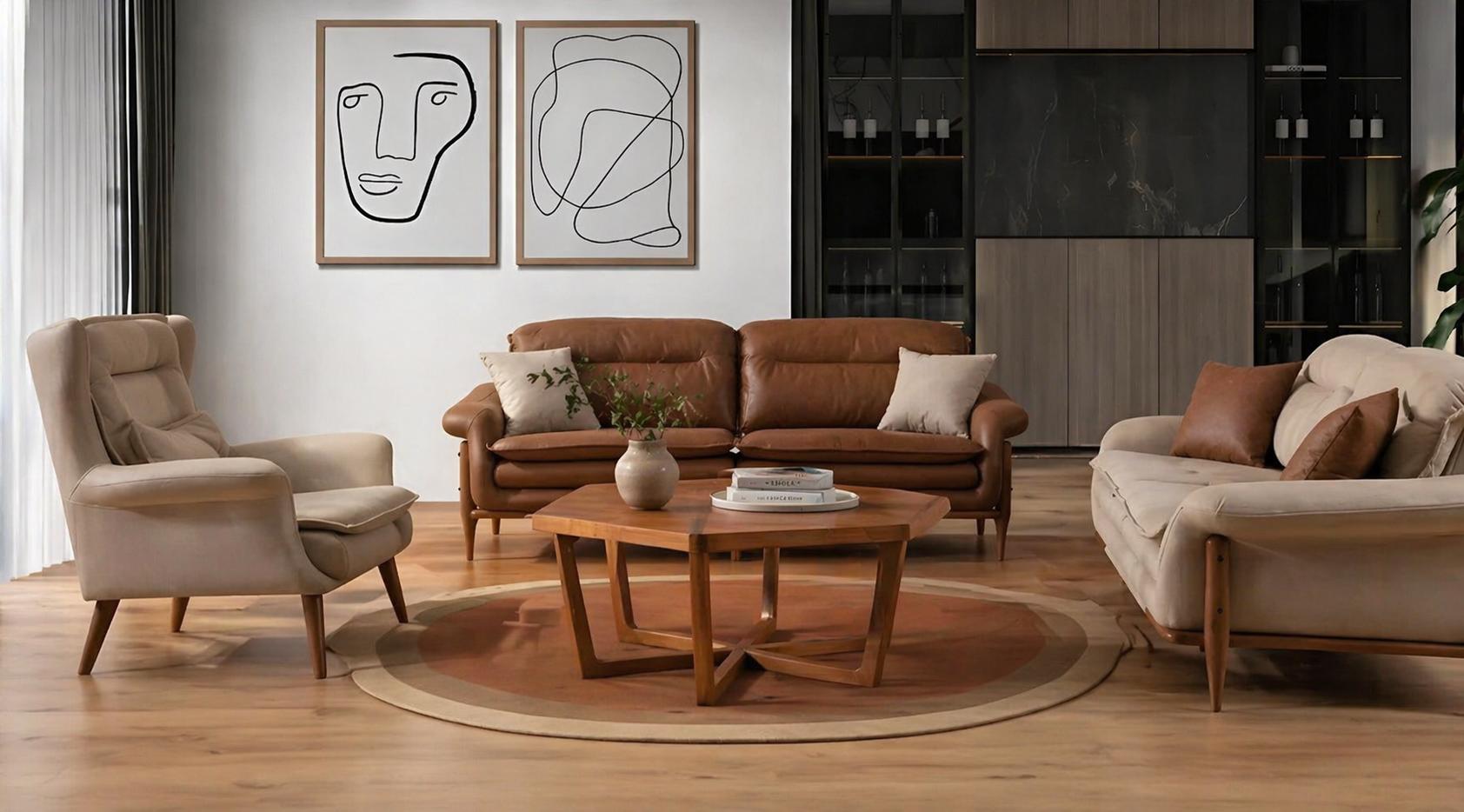 Elegante 3-Sitzer Leder-Sofa-Set mit Sessel in Braun-Beige 3 tlg