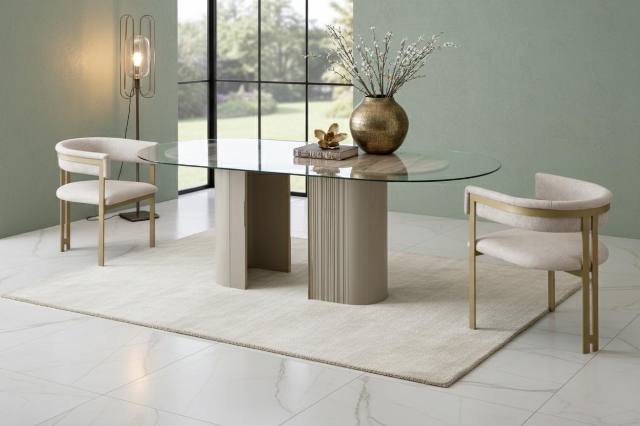Elegantes Esszimmer-Set: Esstisch mit Glasplatte und 2 Design Stühle