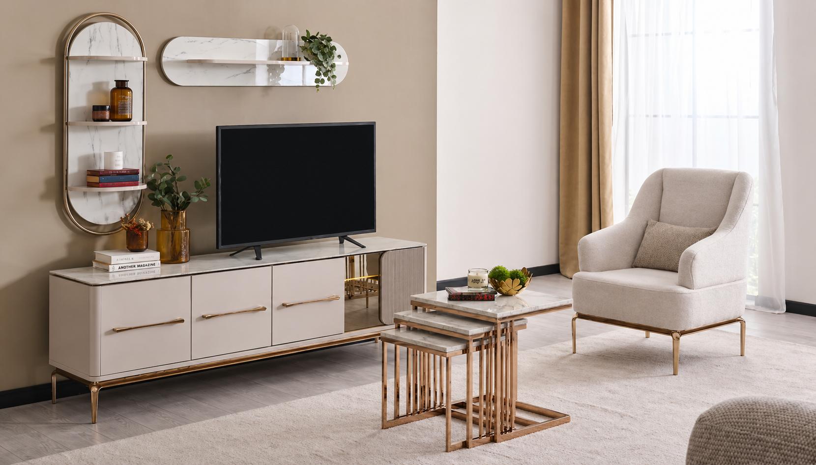 Elegantes Wohnset mit TV-Lowboard, Beistelltisch und Wandregalen
