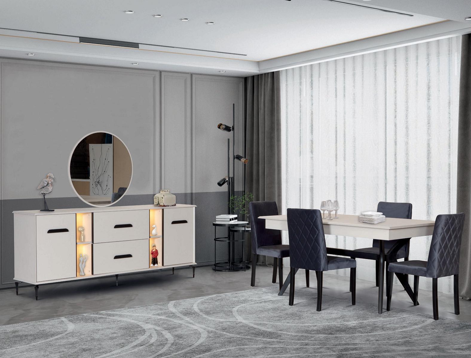 Esszimmer Set Tisch Sideboard Beige Bequem Modern Schwarze Elemente