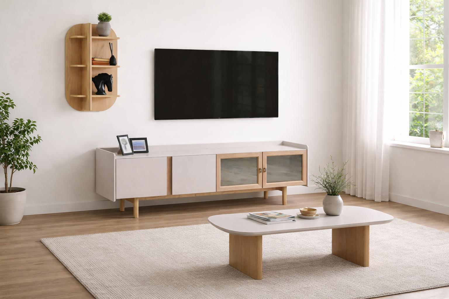 Moderne TV-Lowboard, Couchtisch und Wandregal im minimalistischen Stil