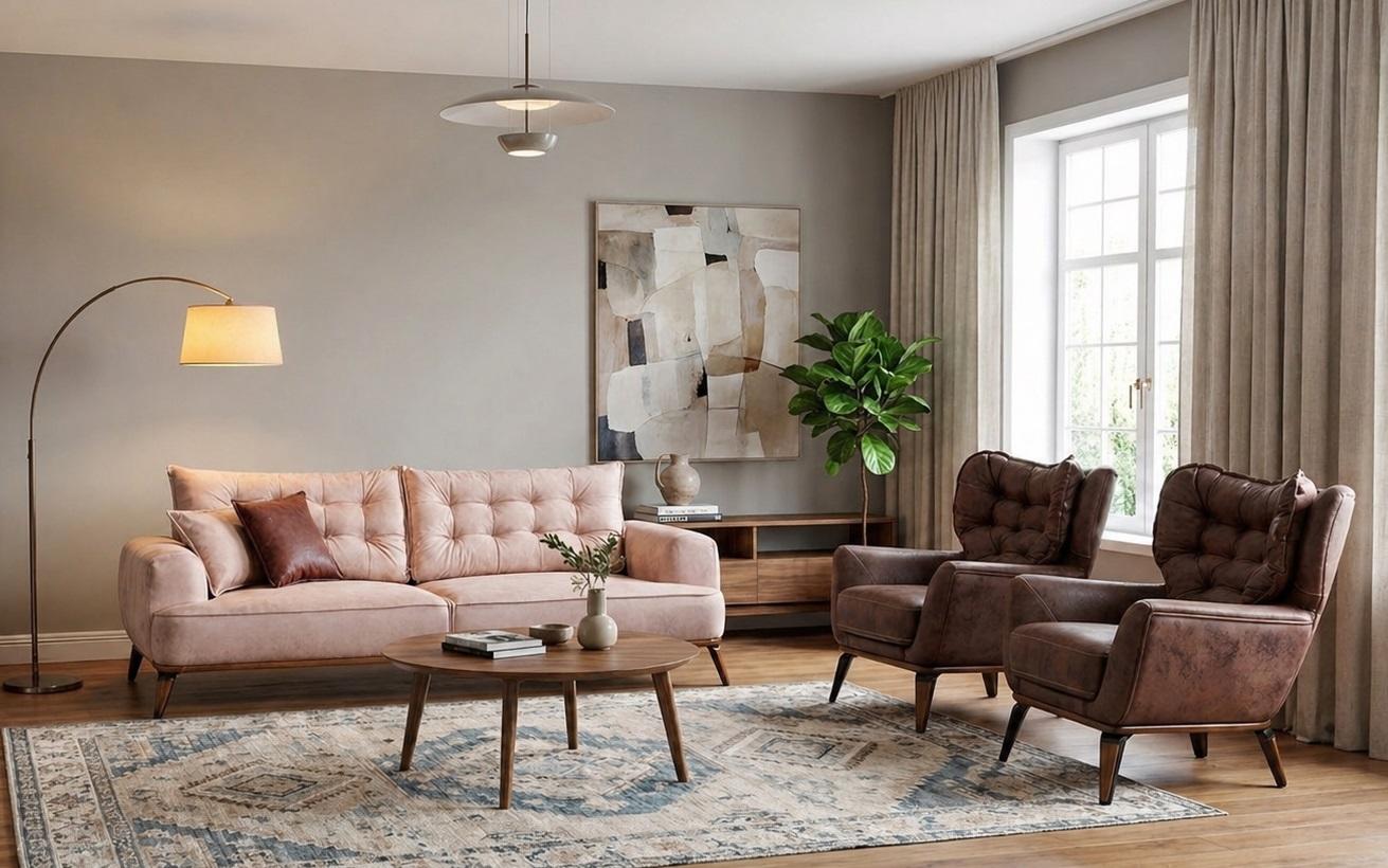 Polstergarnitur 3-Sitzer sofa Sessel Leder Modern Kissen Braun Beige