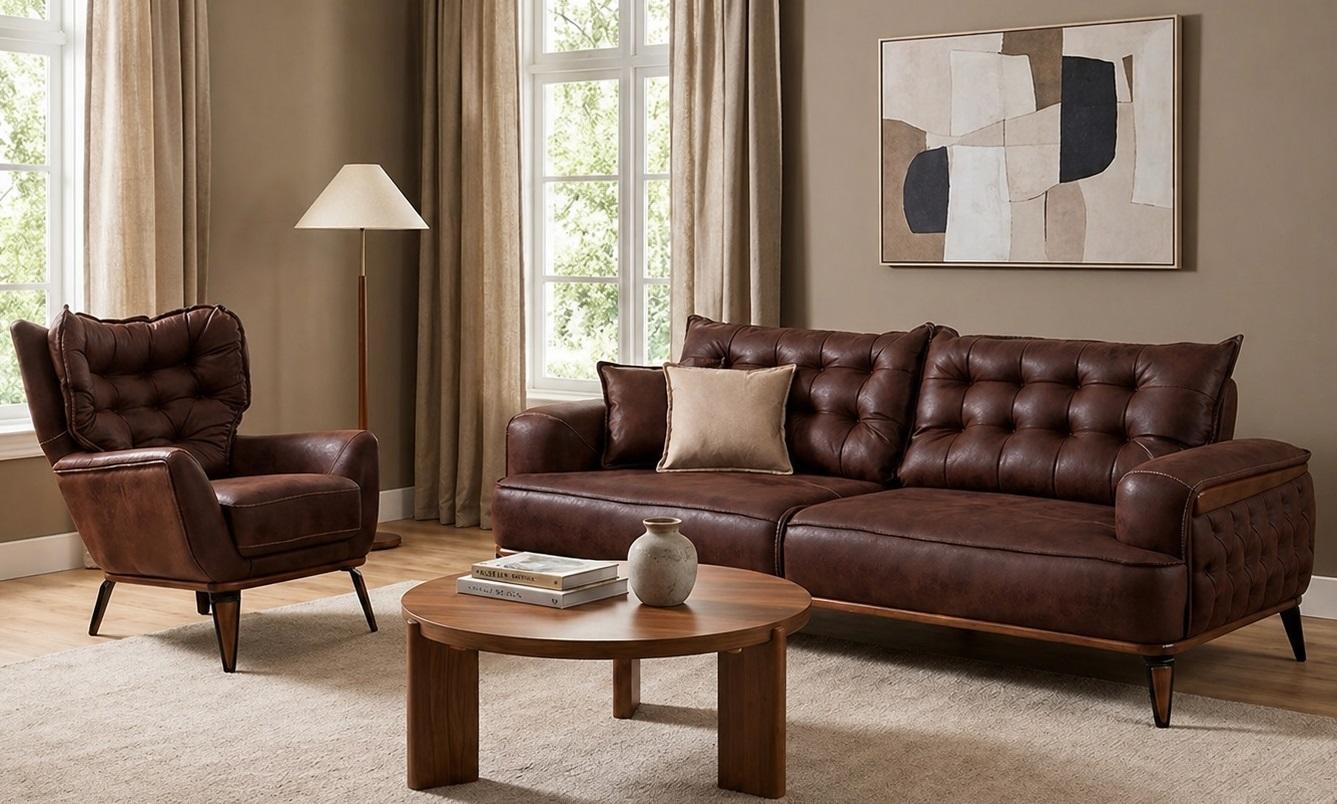 Polstergarnitur 3Sitzer-Sofa Sessel Leder Modern Dunkelbraun Kissen