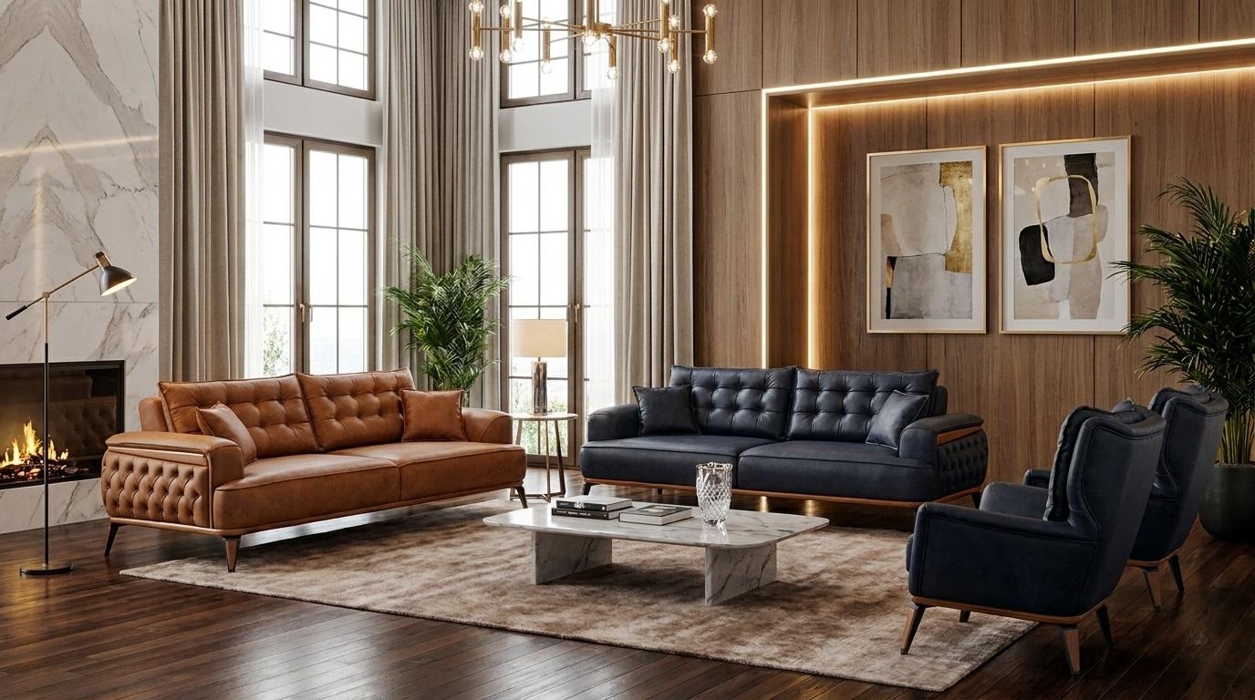 Polstergarnitur 3Sitzer-Sofa Sessel Leder Dunkelblau Braun Kissen Neu