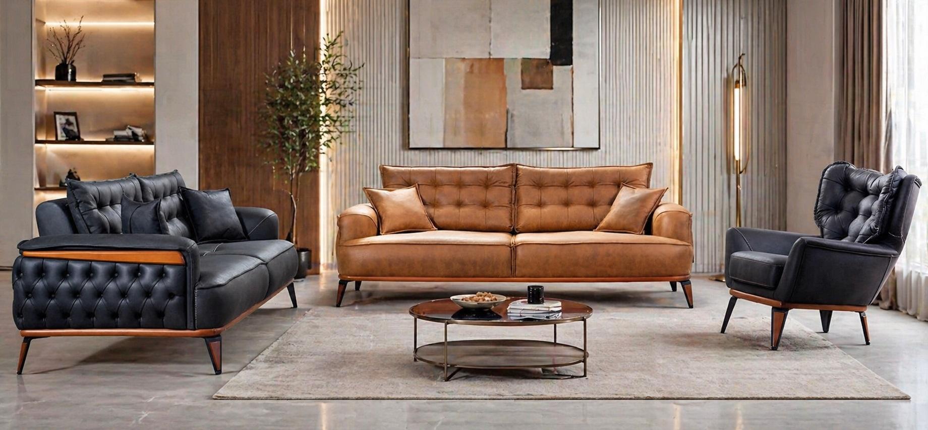 Polstergarnitur 3Sitzer-Sofa Sessel Leder Dunkelblau Braun Kissen Neu