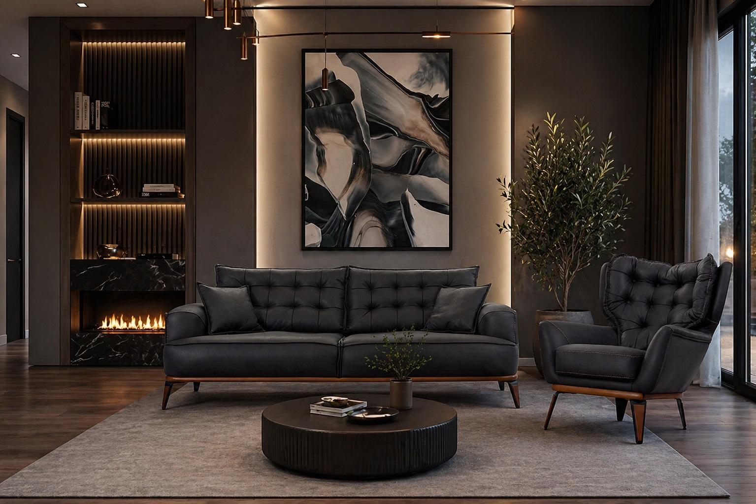 Polstergarnitur 3Sitzer-Sofa Sessel Leder Modern Dunkelblau Kissen Neu