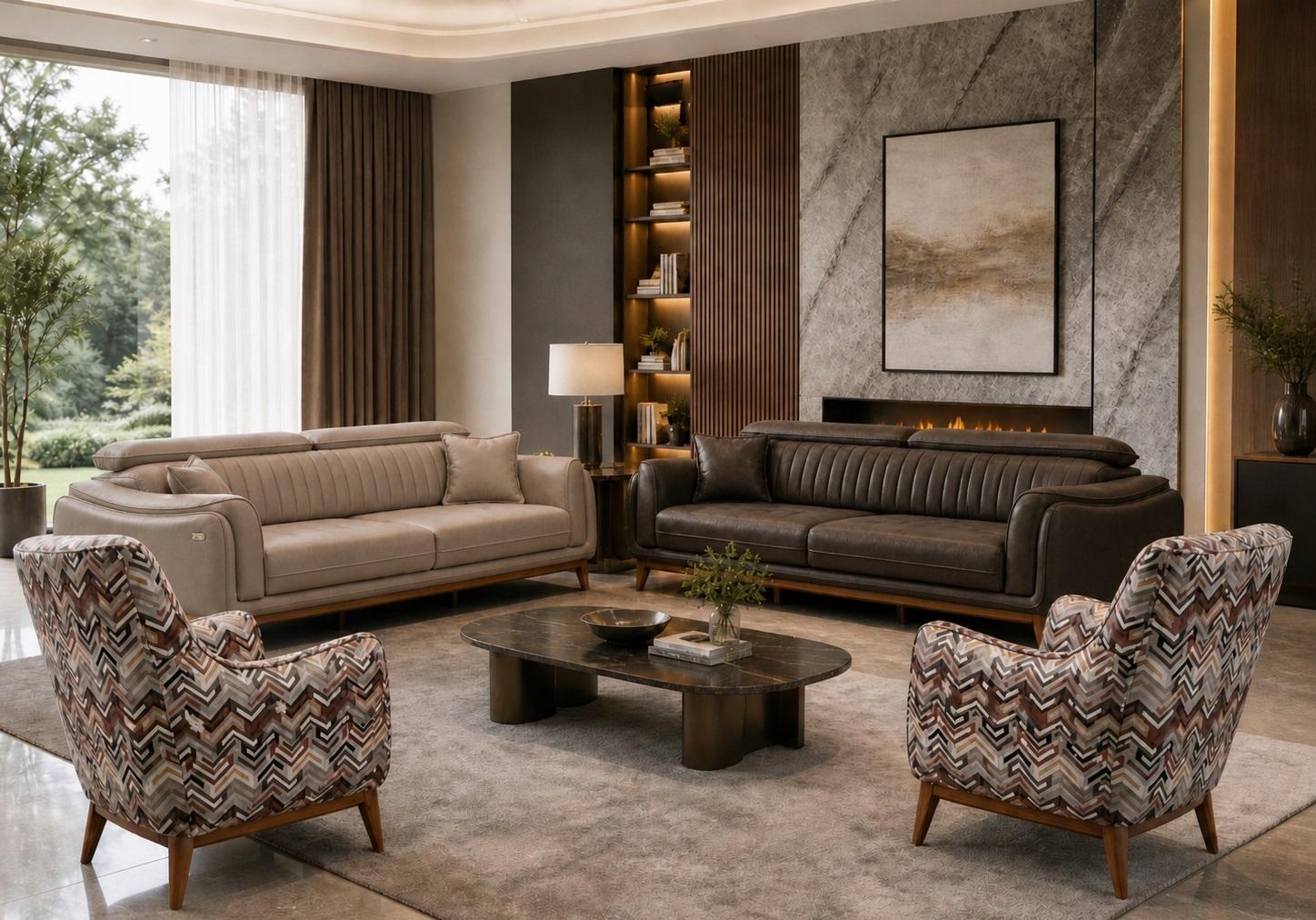 Polstergarnitur 3-Sitzer sofa Leder Beige Braun Kissen Akzent Sessel
