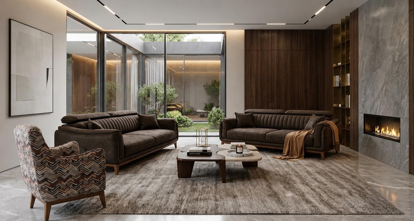 Polstergarnitur 3-Sitzer sofa Leder Braun Modern Kissen Akzent Sessel