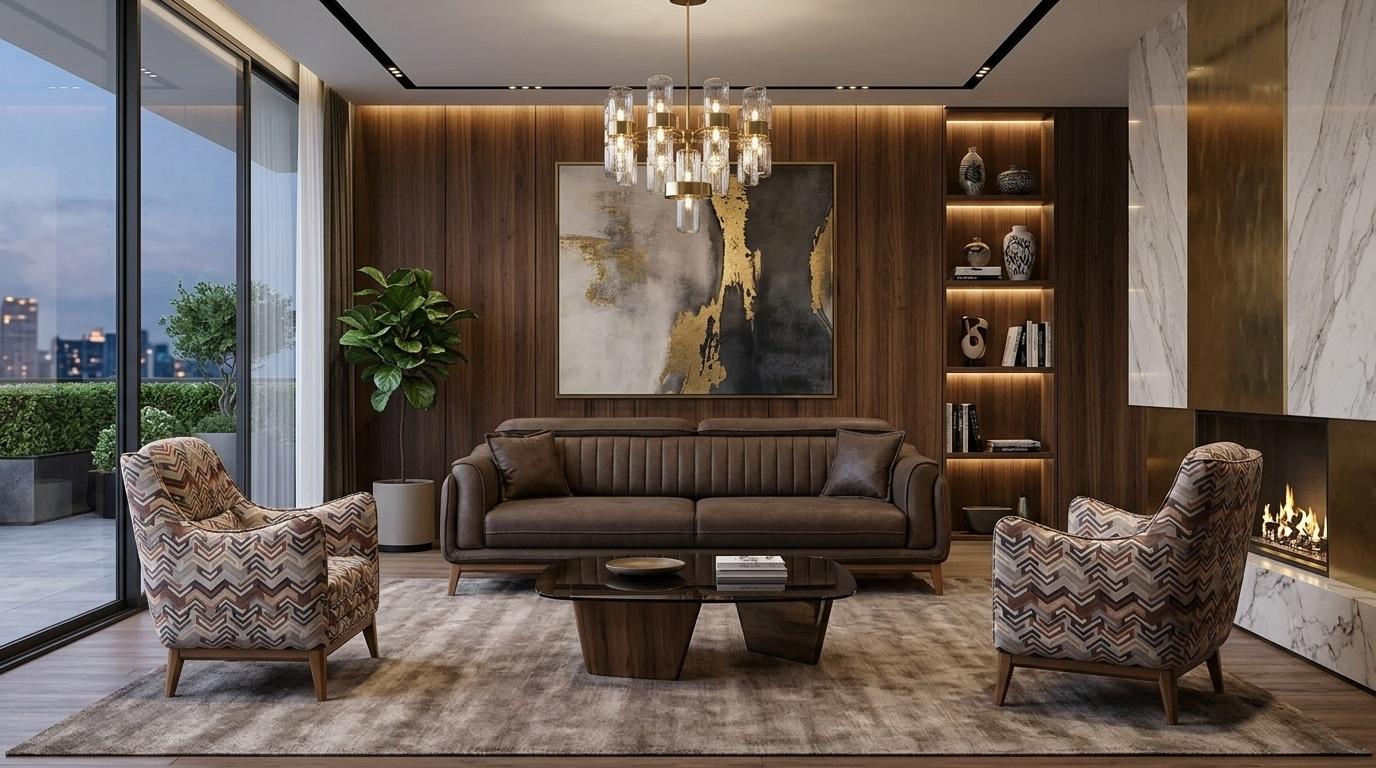 Polstergarnitur 3-Sitzer sofa Leder Braun Modern Kissen Akzent Sessel