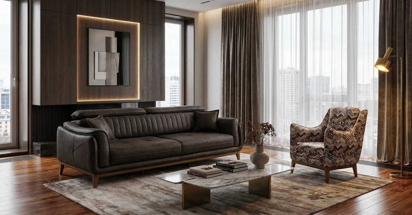 Polstergarnitur 3-Sitzer sofa Leder Braun Modern Kissen Akzent Sessel