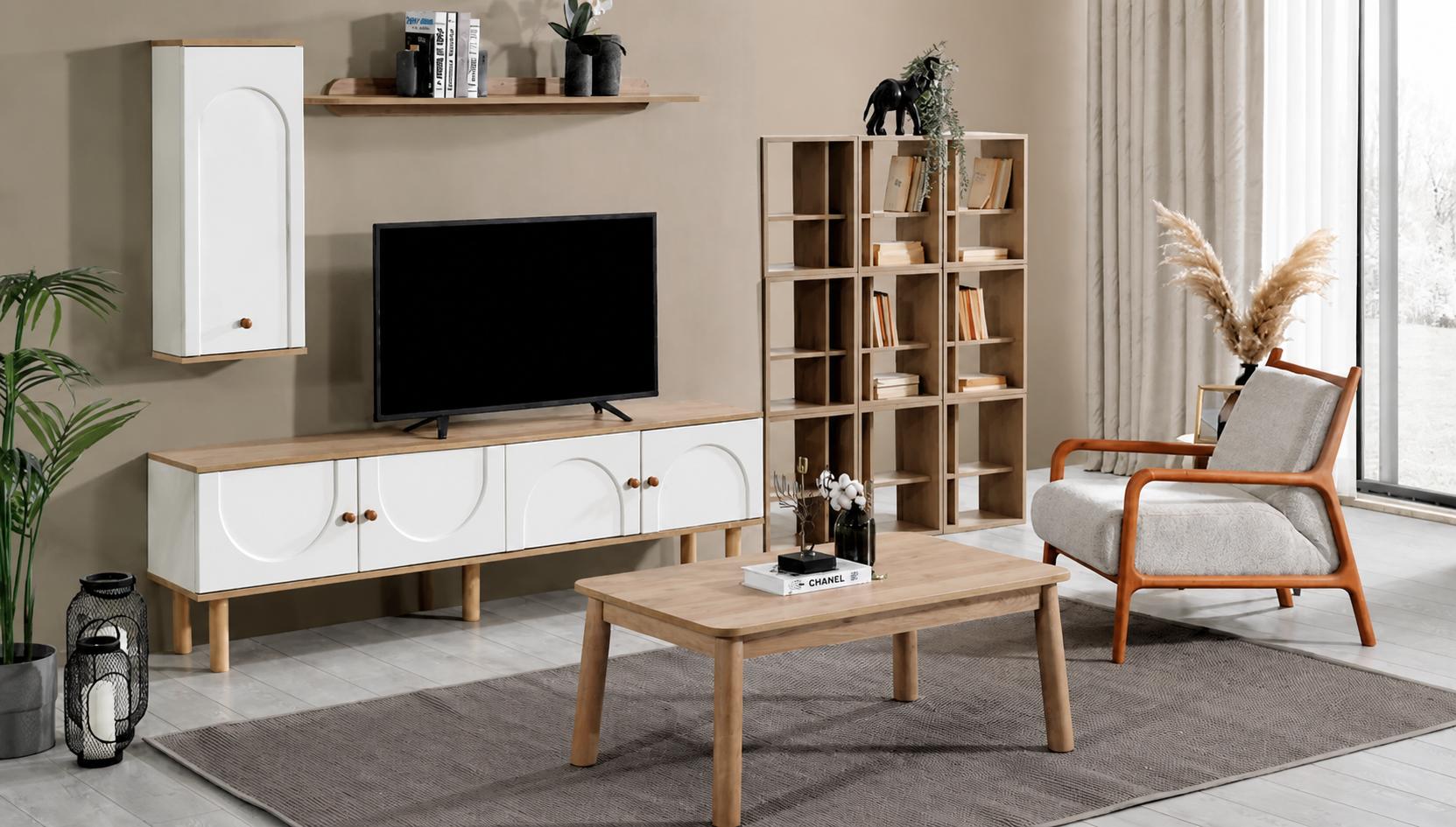 Skandinavisches Möbelset: TV-Lowboard, Couchtisch und 2 Wandregale