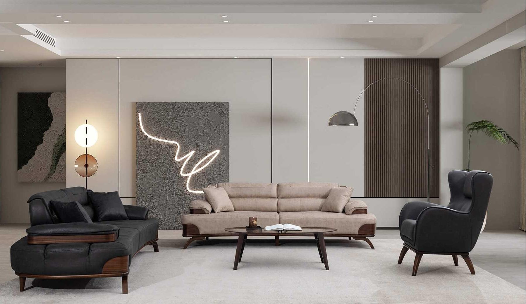 Polstergarnitur 3 Sitzer sofa Leder Beige Kissen Sessel Schwarz Modern