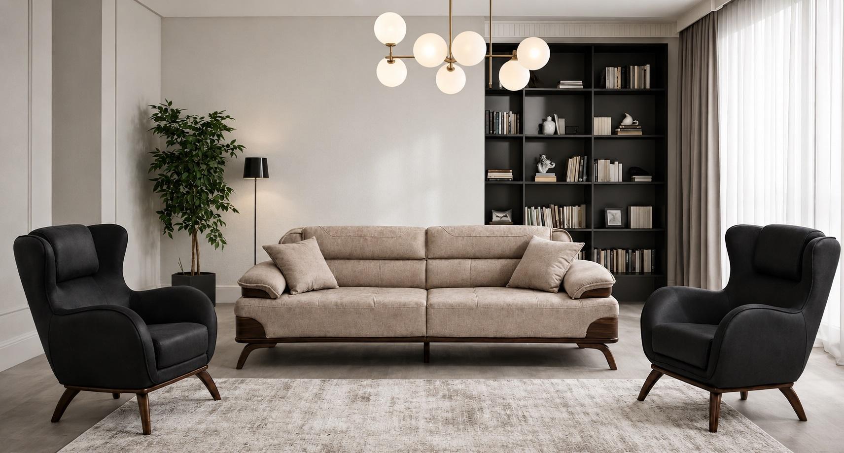 Polstergarnitur 3 Sitzer sofa Leder Beige Kissen Sessel Schwarz Modern