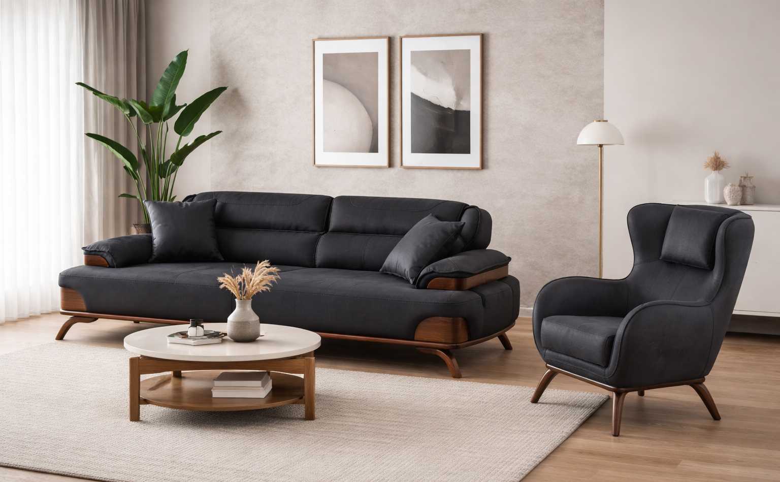 Polstergarnitur 3 Sitzer sofa Leder Kissen Sessel Schwarz Elegant Neu