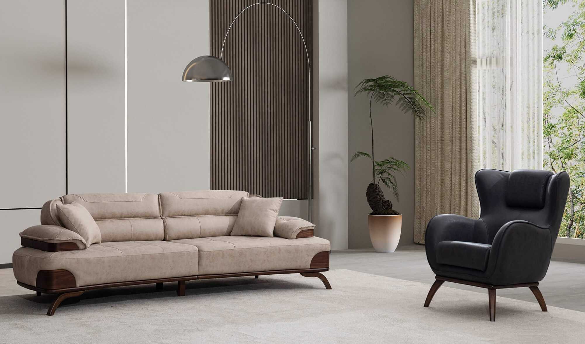 Polstergarnitur 3 Sitzer sofa Leder Beige Kissen Sessel Schwarz Modern